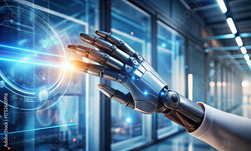 Close-up of a sci-fi cyborg's hand with a virtual interface