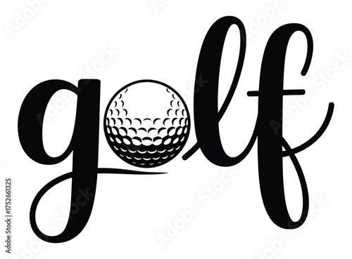 Black and white graphic of the word golf with a golf ball in place of the letter o