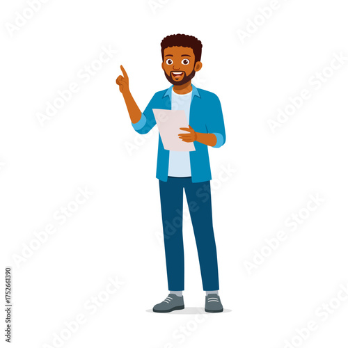 Smiling African American man holding paper pointing finger having an idea illustration