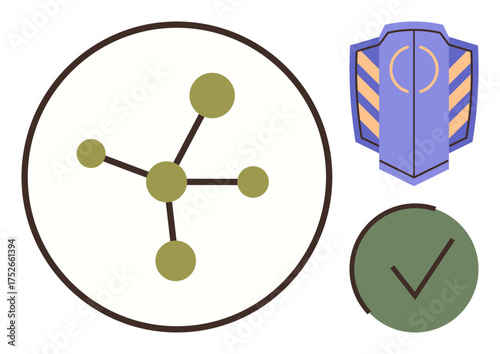 Circular network diagram, shield symbol, and checkmark representing connection, security, and trust. Ideal for technology, cybersecurity, blockchain, reliability compliance data integrity simple