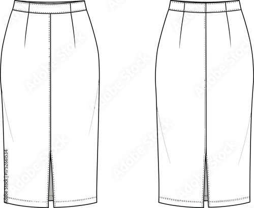 Women pencil skirt technical flat sketch, front and back view, fitted waistband, slit design, fashion cad drawing, clothing vector illustration