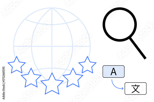 Magnifying glass exploring global network, five stars, and translation interface. Ideal for translation, language, globalization, search, quality communication and technology. Simple flat metaphor