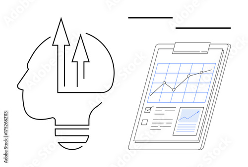 Brain outline with upward arrows next to a clipboard showing graphs and progress charts. Ideal for strategy, innovation, productivity, analysis, data, success, and business growth. Minimal flat