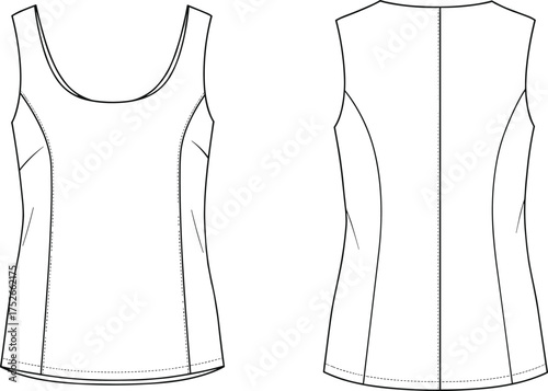 Women tank top technical flat sketch, front and back view, sleeveless shirt design, fashion cad drawing, clothing vector illustration template