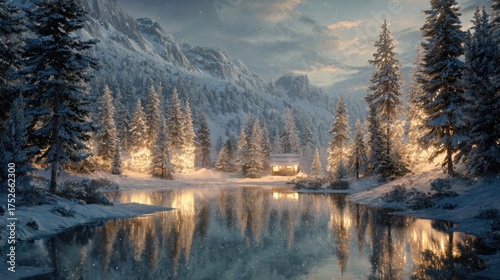 Winter Serenity: Capturing a pristine winter landscape, a tranquil lake reflects snow-covered trees and majestic mountains.