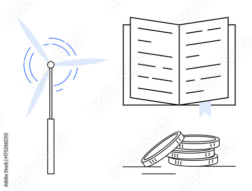 Wind turbine, open book with a bookmark, and stack of coins represent renewable energy, education, and economic growth. Ideal for sustainability, learning, finance, environmental awareness