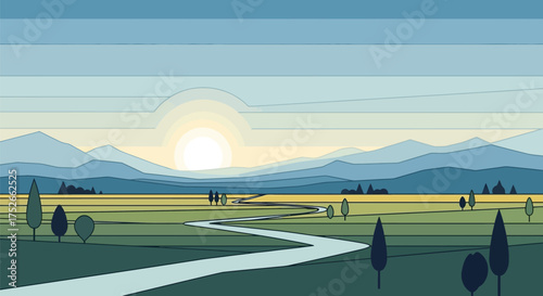 Couple walking into idyllic landscape, vector minimalistic illustration