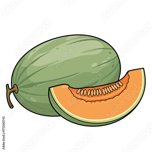 Fresh cantaloupe melon with a slice showing seeds and vibrant orange flesh