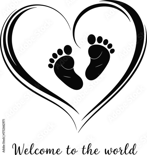 Newborn baby footprint heart, welcome to the world text, birth announcement vector, elegant line art, soft celebration design, parenthood symbol