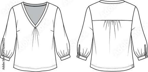Women's V-neck blouse technical flat sketch, stylish long sleeve top with pleated front and cuff detail, cad drawing flat vector illustration