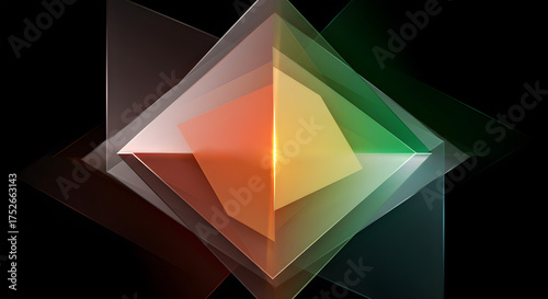 Abstract geometric composition with layers of translucent colorful diamond shapes on a dark background, representing depth and spectrum