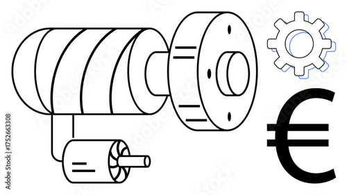 Mechanical rotor and gear illustrate industrial machinery, paired with euro symbol denoting economics. Ideal for manufacturing, industry, economy, engineering, technology, machinery, cost analysis