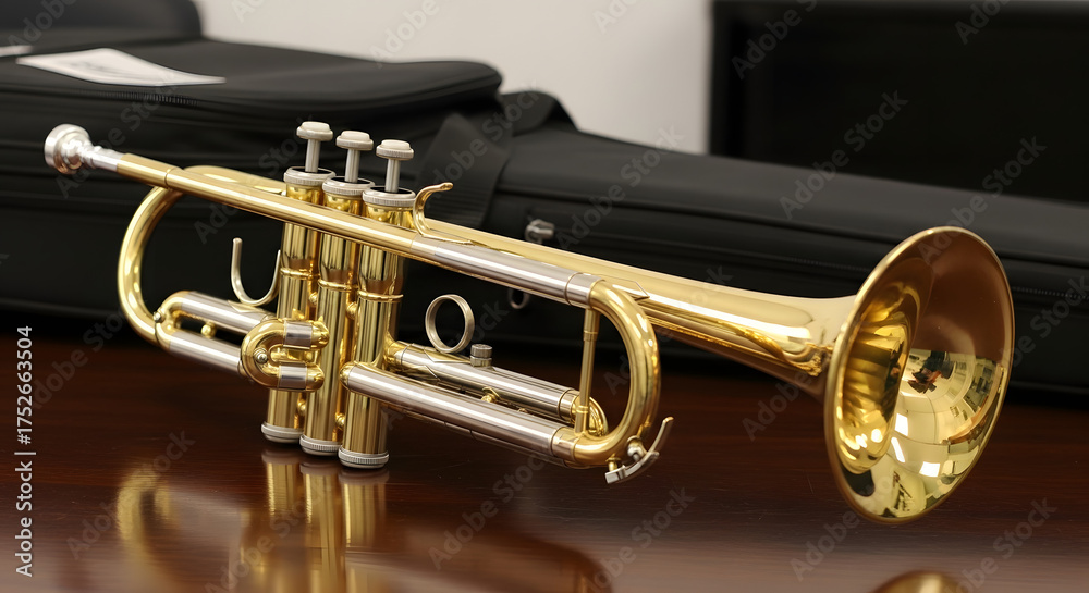 Obraz premium Gleaming brass and silver trumpet poised on a polished surface, awaiting its next melodic performance and the musician's breath, embodying the elegance of sound