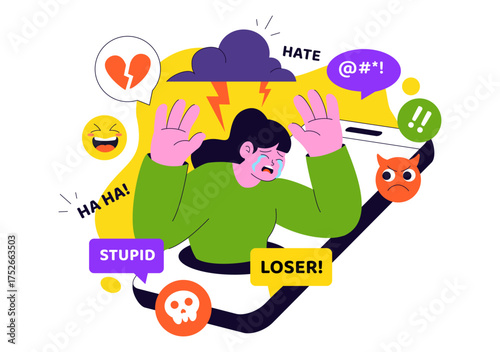 Cyberbullying Illustration Featuring Online Harassment, Network Abuse, and Negative Internet Influence Such as Insults, Swearing, and Verbal Abuse