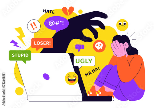 Cyberbullying Illustration Featuring Online Harassment, Network Abuse, and Negative Internet Influence Such as Insults, Swearing, and Verbal Abuse