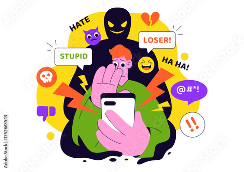 Cyberbullying Illustration Featuring Online Harassment, Network Abuse, and Negative Internet Influence Such as Insults, Swearing, and Verbal Abuse