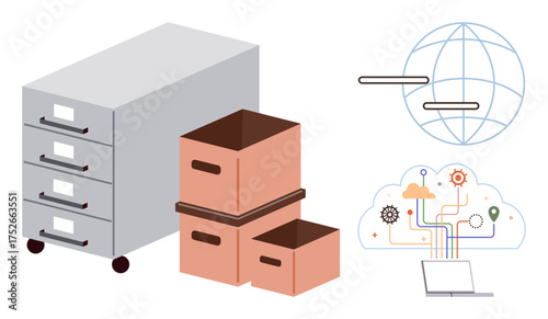 File cabinet and cardboard boxes represent organized physical storage, while cloud network icon and laptop suggest data transfer, connectivity, and technology evolution. Ideal for organization