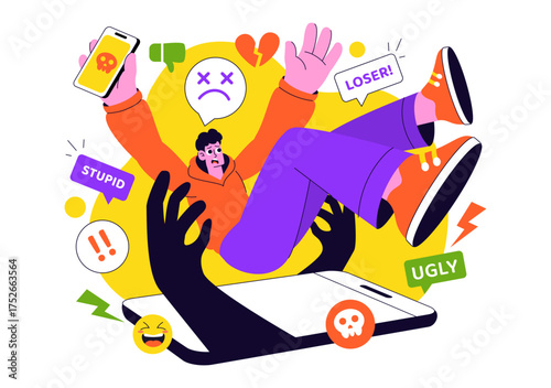 Cyberbullying Illustration Featuring Online Harassment, Network Abuse, and Negative Internet Influence Such as Insults, Swearing, and Verbal Abuse
