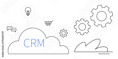 CRM platform in a cloud with speech bubbles, lightbulb, shopping cart, gears representing automation. Ideal for technology, business strategy, workflow, productivity, collaboration data management