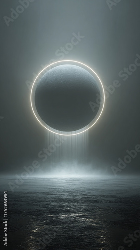 Serene 3D render of a floating moon surrounded by a soft glowing halo, evoking calm, mystery, and cosmic beauty, perfect for dreamy, celestial, or fantasy visuals.
