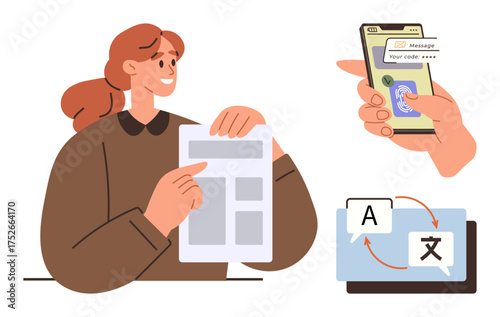 Woman reading document, code verification on smartphone, digital translation with language symbols. Ideal for learning, communication, security, language, globalization education teamwork. Simple