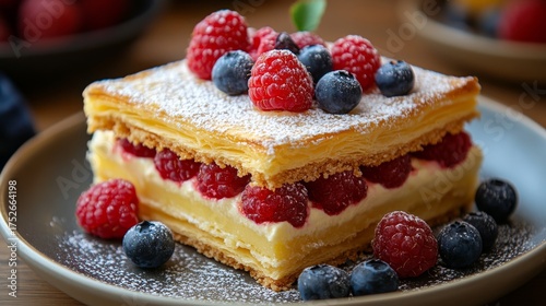 Wallpaper Mural Classic French pastry mille-feuille with smooth cream, shiny icing sugar, and bright fresh berries, photographed in natural light. Torontodigital.ca