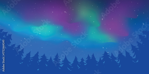 Contour of trees against the background of aurora borealis, winter holiday illustration