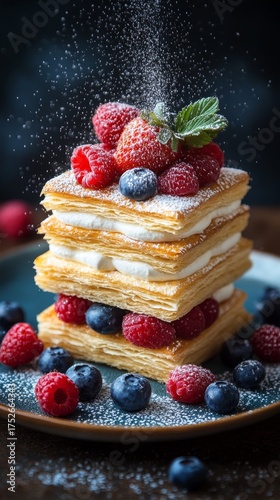 Wallpaper Mural Golden crispy mille-feuille dessert with vanilla cream and mixed berries, beautifully styled on a ceramic plate under warm daylight tones. Torontodigital.ca
