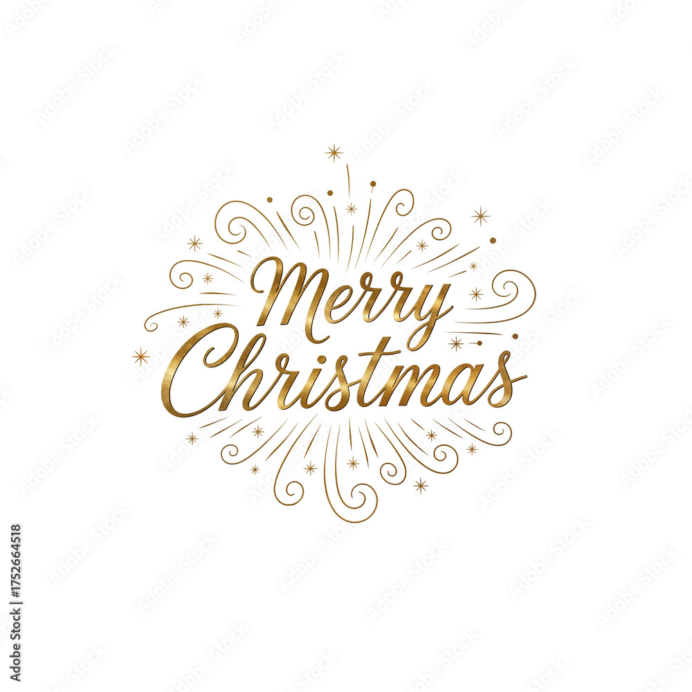 Fototapeta premium Shimmering “Merry Christmas” gold typography with curled flourish and sparkles, festive text art for cards and posters 