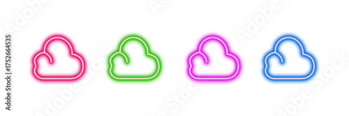 Neon glowing cloud vector icons set, weather, data, storage, network, digital, online, computing, colorful bright vibrant glowing design.