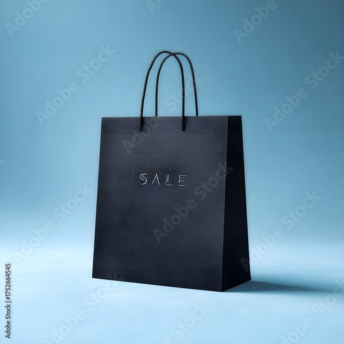 An elegant black paper shopping bag with the word SALE printed on it, standing against a clean light blue background.