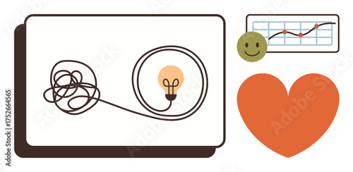 Tangled wire transforms into a glowing light bulb, chart with upward trend, happy face, and heart. Ideal for innovation, growth, problem-solving, success collaboration well-being creativity. A