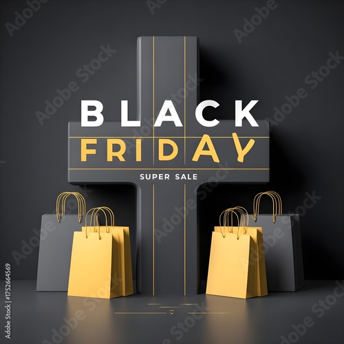 Black Friday Super Sale with Shopping Bags and Bold Typography.
