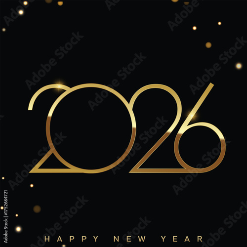 Elegant Happy New Year 2026 logo in golden thin line style. Vector