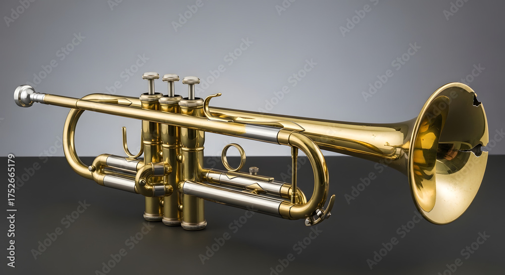 Obraz premium A gleaming golden brass trumpet with silver accents, a classic wind instrument for orchestra and jazz music, isolated on a dark background