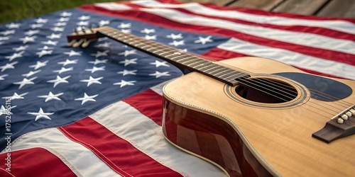 Acoustic guitar rests on a draped american flag symbolizing patriotism and the spirit of american music and culture