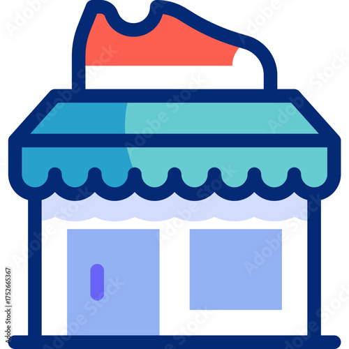 Shoe Shop flat icons set with editable stroke, featuring sneakers, heels, boots, sandals, shopping bag, price tag, cash register, storefront, display, fashion footwear illustration