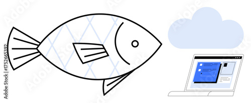 Blue fish near a laptop with blue interface connected to a cloud. Ideal for technology, digital, cloud computing, sustainability, eco-tech, innovation, remote work. Simple flat metaphor