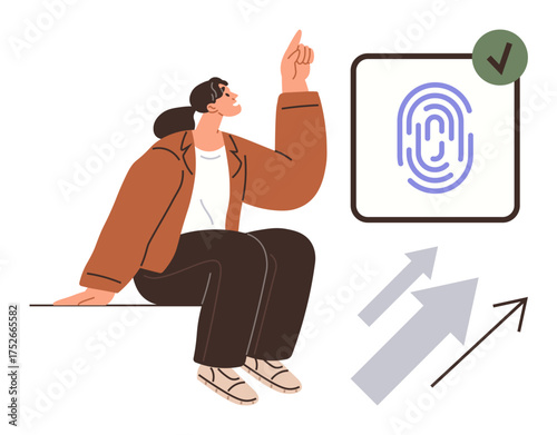 Woman seated pointing upward with framed fingerprint icon and growth arrows, suggesting security, biometrics, growth, success, verification, technology, and innovation. Ideal for concepts thumbs up