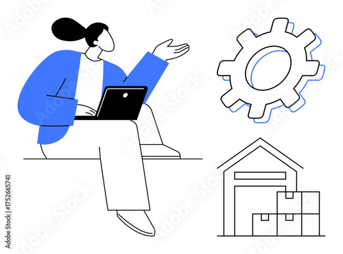 Woman sitting with a laptop gesturing towards a gear and warehouse with boxes. Ideal for logistics, supply chain, technology, management, business, productivity, process efficiency. Simple flat