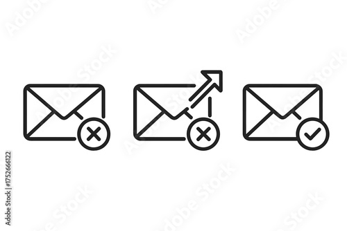 Email vector icons. Mail message delivery status. Sent, received, success, failure, error, delete. Envelope with check mark, cross and arrow for web app interface.