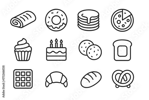 Bakery simple line icons set. Pastry, dessert and baking outline pictograms. Vector collection of bread, cake, donut, cookie, waffle, pancake, pizza, toast, croissant.