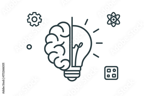 Creative icon with half brain, half lightbulb. Represents ideas, knowledge, technology, and the mind. Problem-solving concept. Innovation, intelligence, and brainstorming symbol.