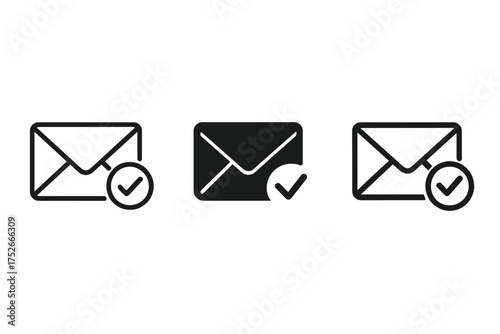 Email sent icon concept. Mail received symbol. Envelope with check mark vector design in 3 styles. Message delivery success illustration. Confirmation and approval sign set.