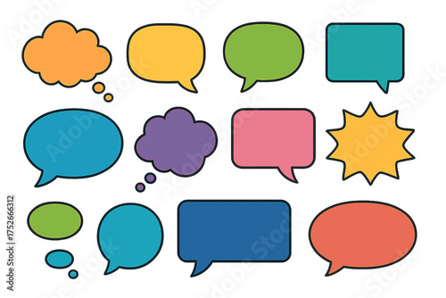 Colorful speech bubbles and thought balloons set. Vector graphic element for communication, chat, and dialogue. Flat design comic book style text box collection for messages.