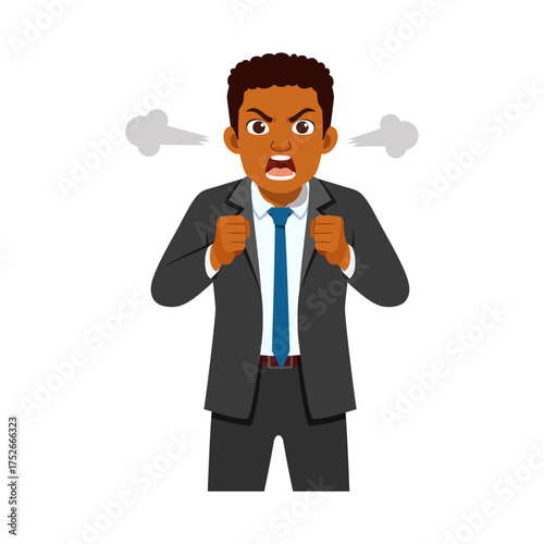 Angry African American businessman with clenched fists steam from ears in suit and tie