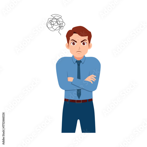 Upset Caucasian Man with Arms Crossed and Confused Mind Standing Isolated