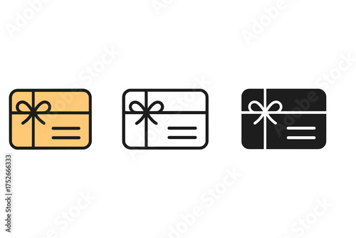 Gift card vector icon set. Voucher, coupon, present, discount, and promotion symbol. Shopping, sale, loyalty program, and reward concept. Line, outline, glyph styles.