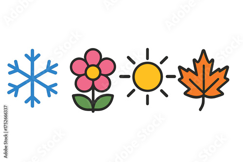 Four seasons icon set. Vector graphic elements representing winter, spring, summer, autumn. Snowflake, flower, sun, and maple leaf symbols for weather and nature concepts.