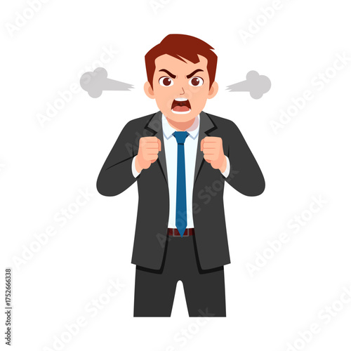 Angry Caucasian Businessman Screaming with Fists Clenched and Smoke Coming from Ears Illustration